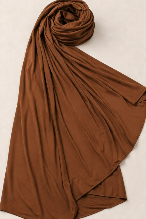 Camelfarbenes Jersey Kopftuch Detailaufnahme